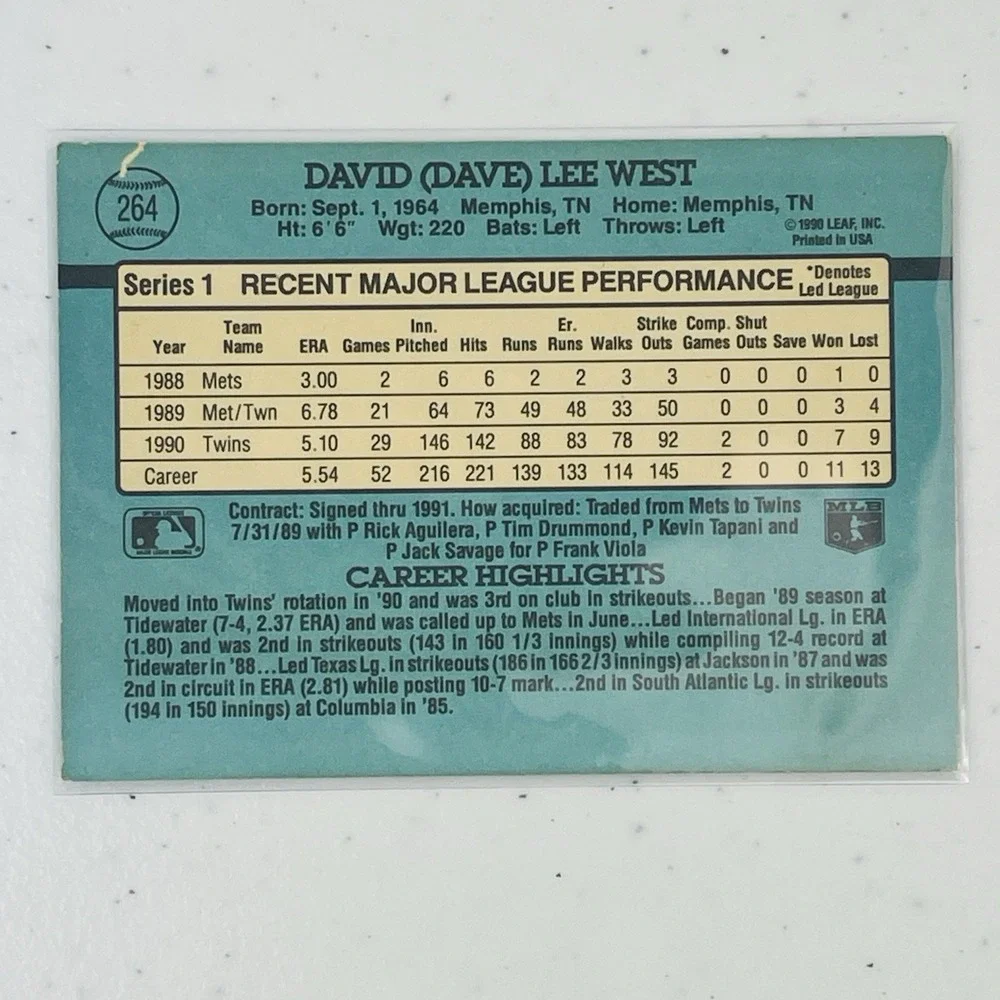 1991 Donruss Baseball Card Minnesota Twins David West 264 Trading Card